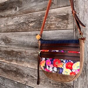 Ragmaw Triple Zip velvet floral fabric crossbody- Made in Canada